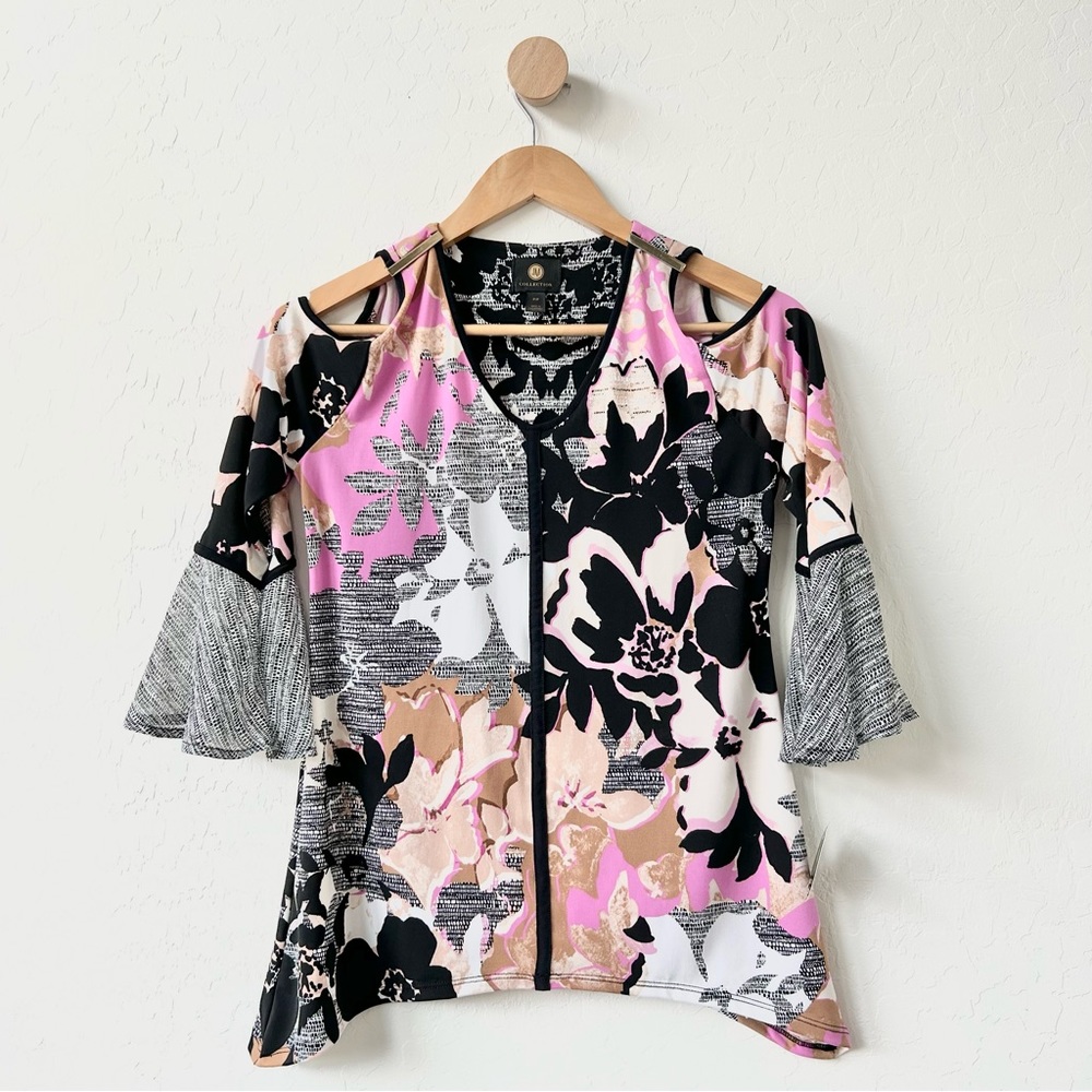 JM Collection Geo Savvy Blouse, Flare Sleeves, Peek-a-boo Shoulder, Size 6P, NWT